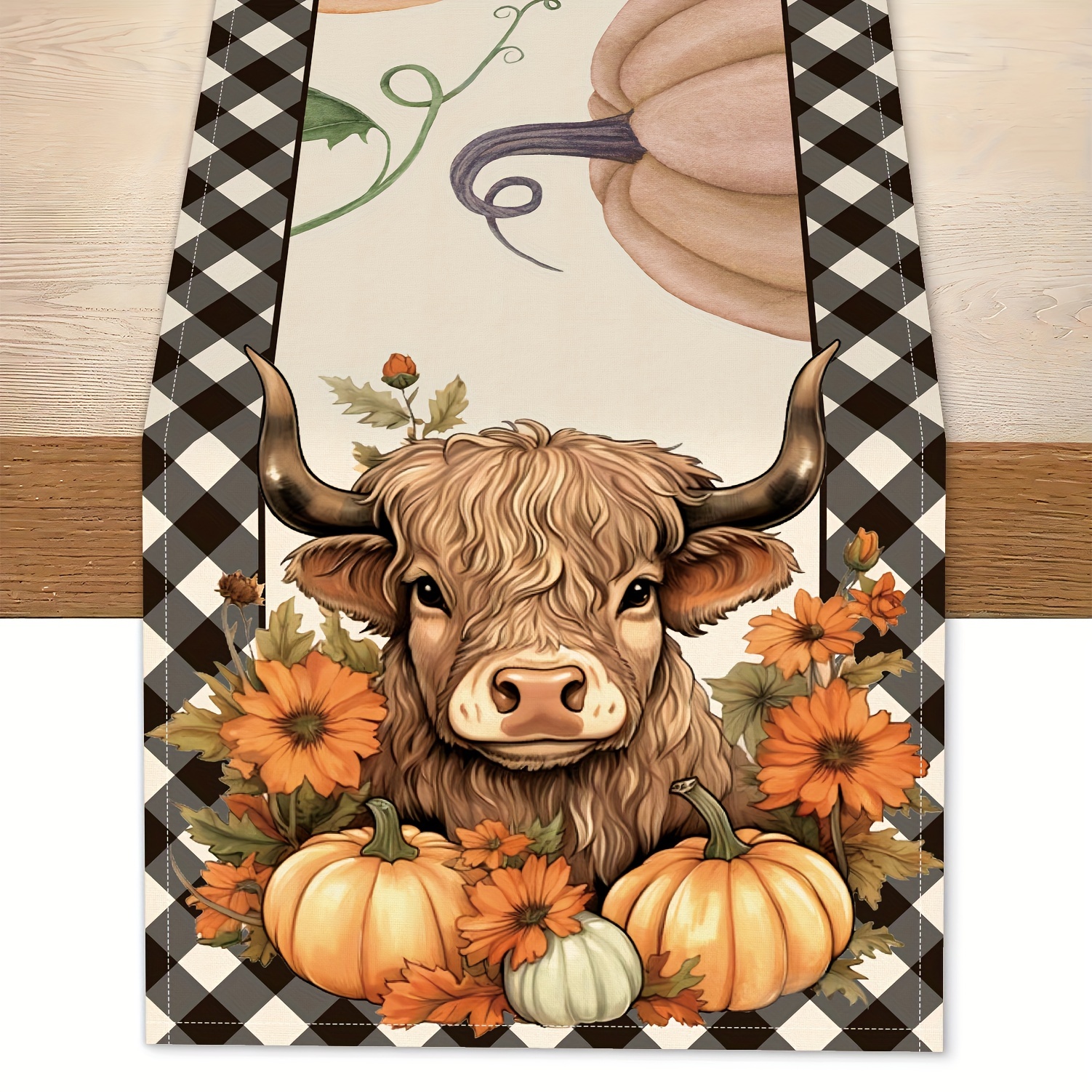 

Autumn Harvest Cow & Pumpkin Table Runner - Black & White Buffalo Plaid, Polyester, Rectangular - Perfect For Home Party & Dining Decor