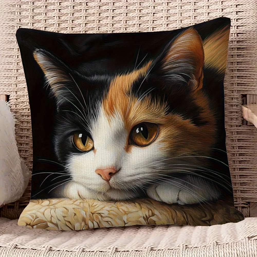 TEMU 1pc Vintage Calico Cat Art Decorative Pillow Cover 18x18 Inch - Single-sided Realistic Print, Machine-washable Polyester With Zipper Closure For