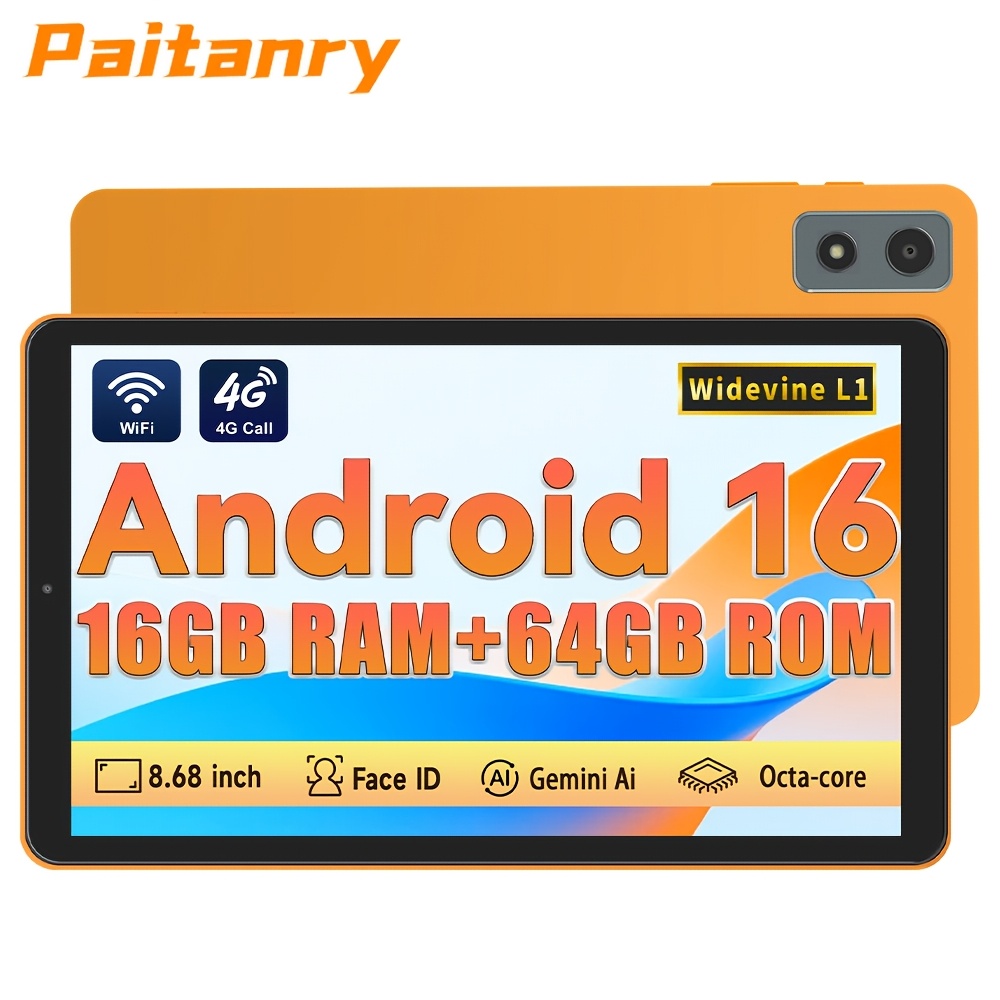 Image of Paitanry 2026 New 8.68-inch Tablet, 16, 4g Lte Calling Card Slot, 16gb (4gb+12gb) + 64gb Rom, T616 -core Cpu, 1340×800 Hd With 90hz Refresh Rate, 5g Wifi, Ai, , L1, Calling Tablet