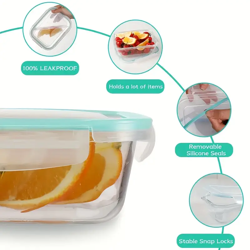 8pcs borosilicate glass food storage containers with leak proof lids microwave oven dishwasher safe bpa free stackable rectangular lunch boxes for rv camping food storage organizer microwave safe containers lid design bpafree material Product details 4