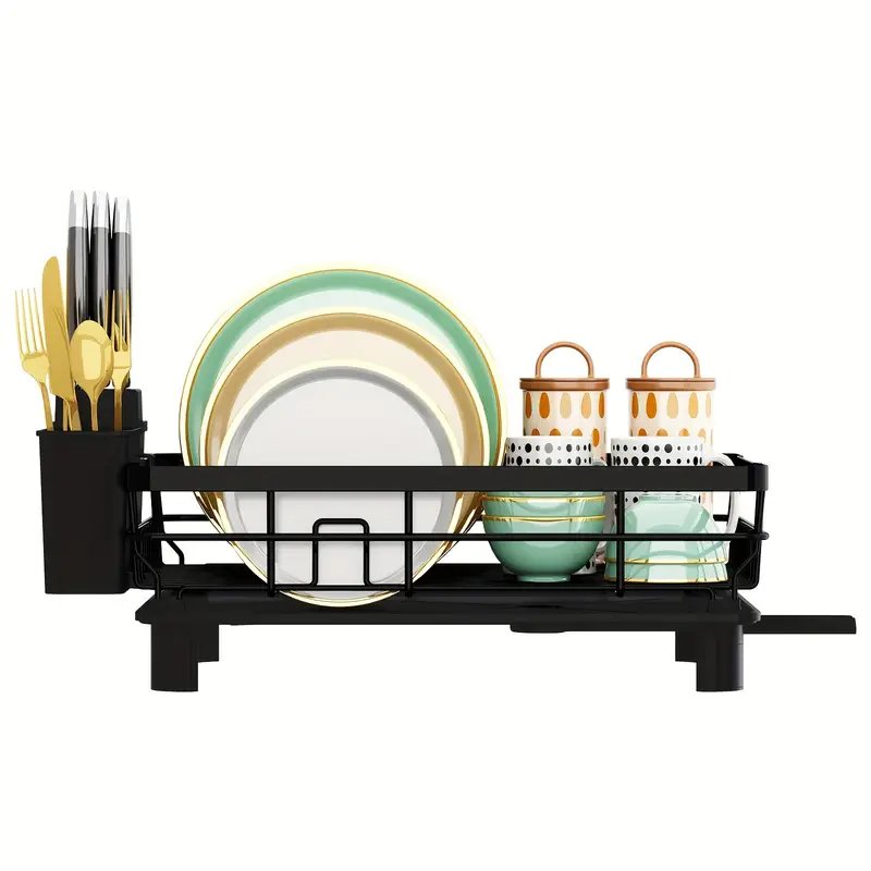 1 2 tier dish drying rack multifunctional dish rack kitchen counter stainless steel dish drainer with utensil holder cup holder dishes knives spoons forks black Product details 7