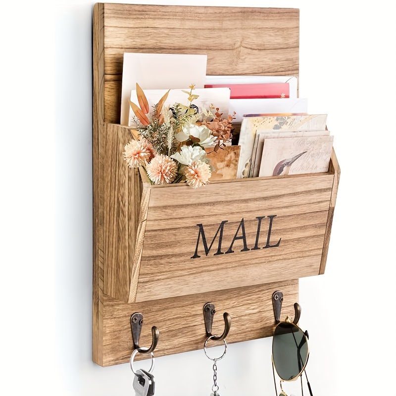 

1pc Rustic Wooden Mail Organizer With Key Hooks, Wall Mounted Letter Holder And Shelf, Light Brown, Coat And Dog Leash Storage, Includes Flush Mounting Hardware