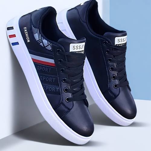 mens stylish solid color skateboard shoes color matching stripes non slip lace up low top sneakers suitable for outdoor leisure activities jogging walking traveling