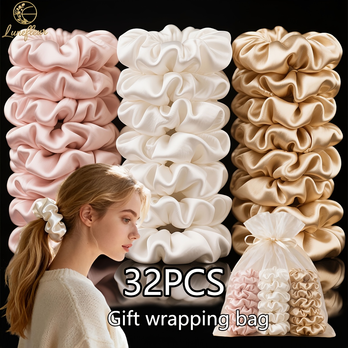 TEMU Lot de 32 chouchous satinés géants avec sacs cadeaux, 3 couleurs , grands élastiques à cheveux plis pour cheveux épais, accessoires pour cheveux