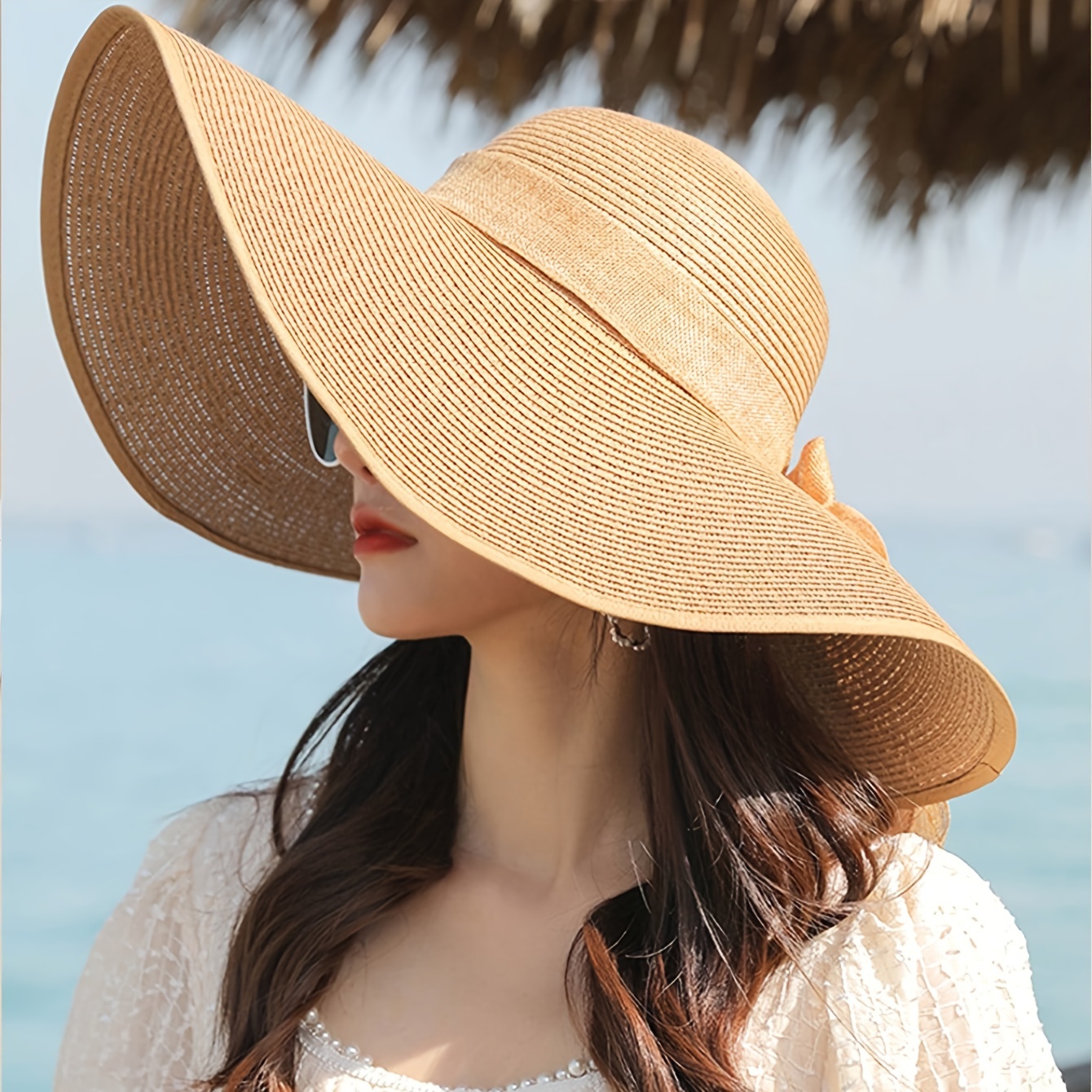 Wide Brim Bowknot Straw Hat Trendy Solid Color Summer Sun Hats Classic Floppy Travel Beach Hats for Women Girls,SUN/UV Protection,Temu