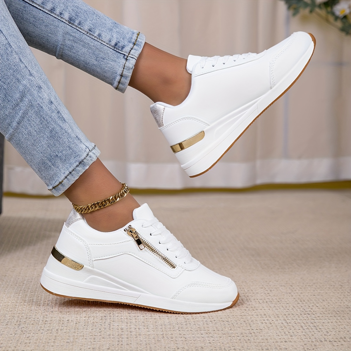 Image of Women's Casual Wedge Sneakers, Trendy And Versatile White Shoes With Height-increasing Effect, Women Shoes