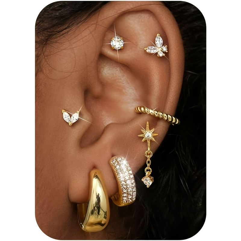 Image of 2d Flat - 7pairs Flat Back Earrings Set For Women Hypoallergenic Surgical Steel Stud Earring Stack Huggie Hoop Cartilage Earrings Conch Tragus Helix Piercing Jewellery
