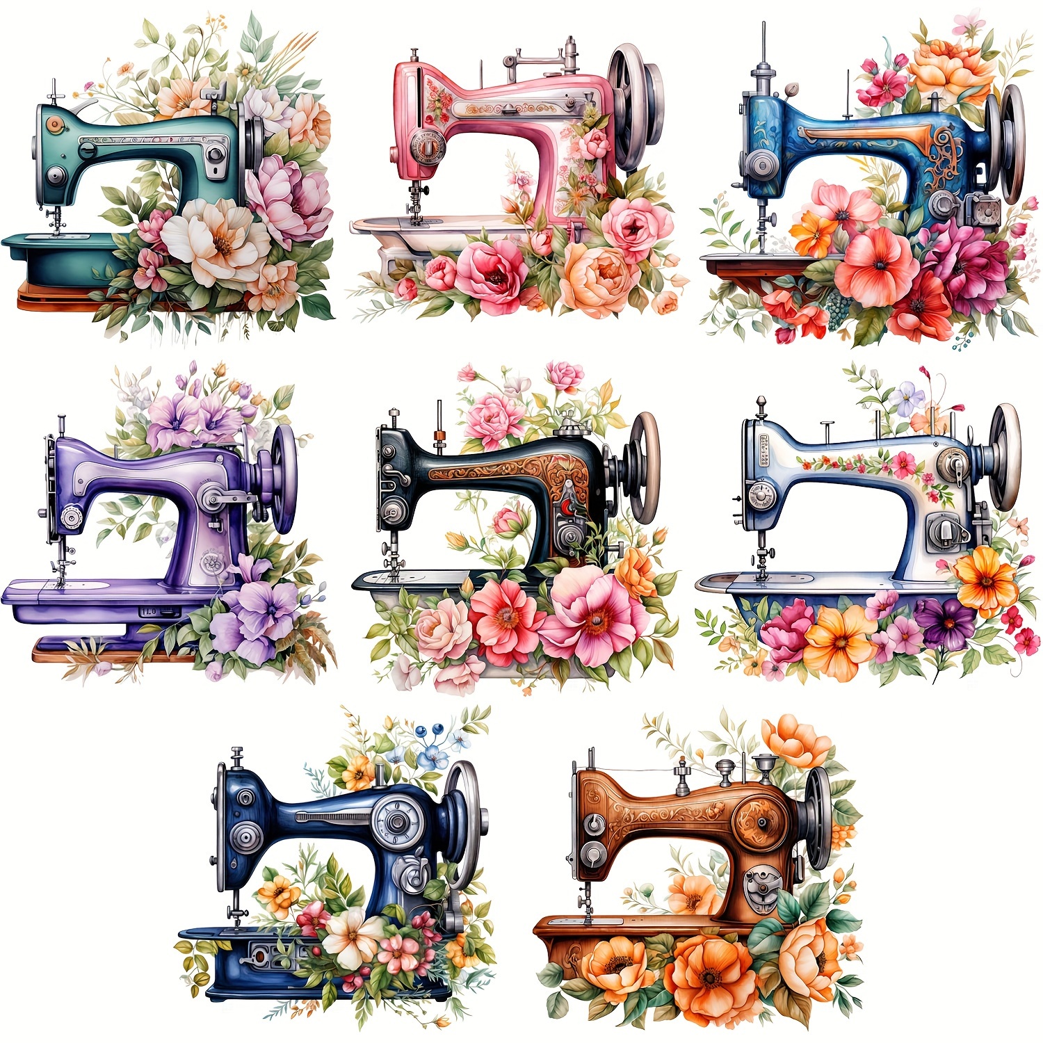 

8pcs Flower Sewing Machine Theme Heat Transfer Sticker, Diy Iron-on Clothing Supplies & Appliques For Clothes, T-shirt Making, Pillow Decorating