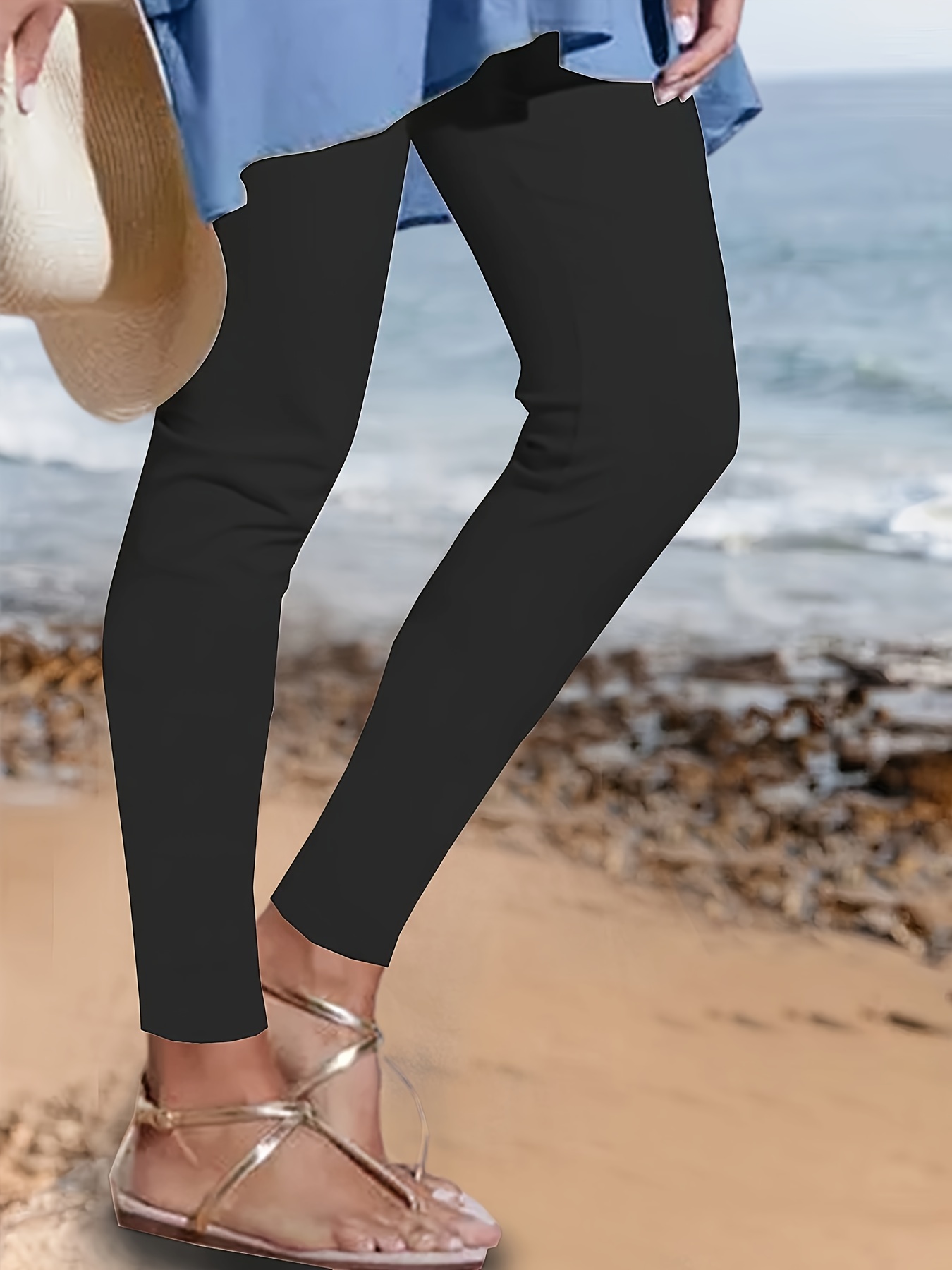 Women'S Plus Size High-Waist Stretchy Solid Color Leggings - Casual & Comfortable, Perfect for Beach Outings, All-Season Wear