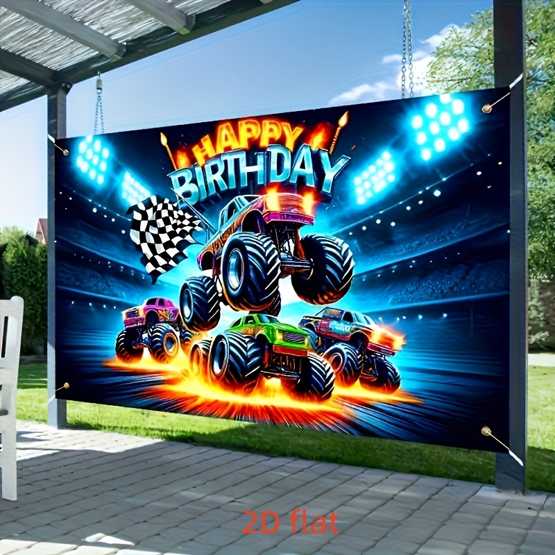 2d Flat Monster Truck Birthday Banner - 71x44 Inch Polyester Flat 3d Design For Party,tailgating Events - Multipurpose Indoor/outdoor Decor For Entryway, Garden - Use Without Electricity
