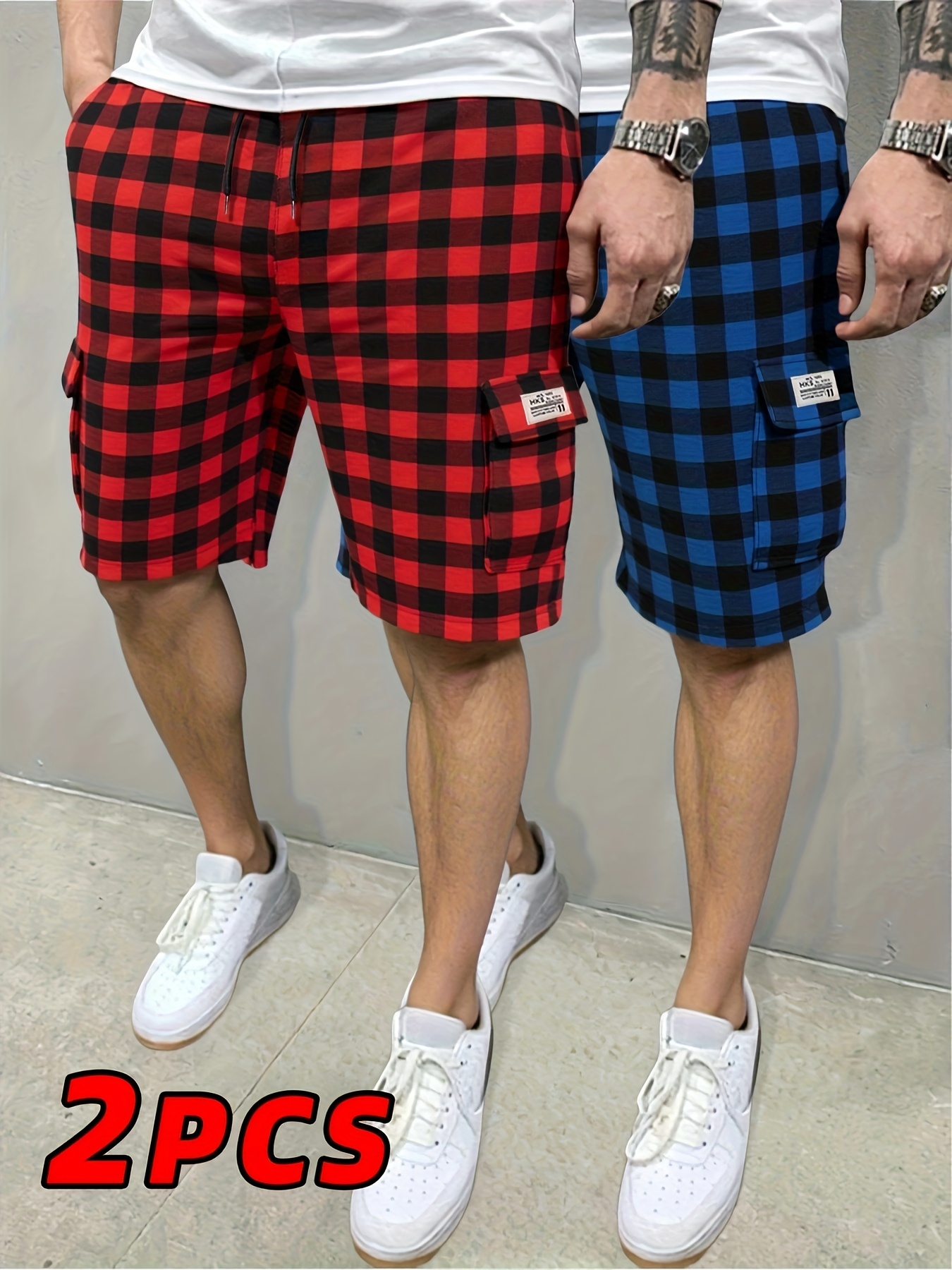 2pcs mens casual shorts black white checkered red black Temu Bahrain - Main Image