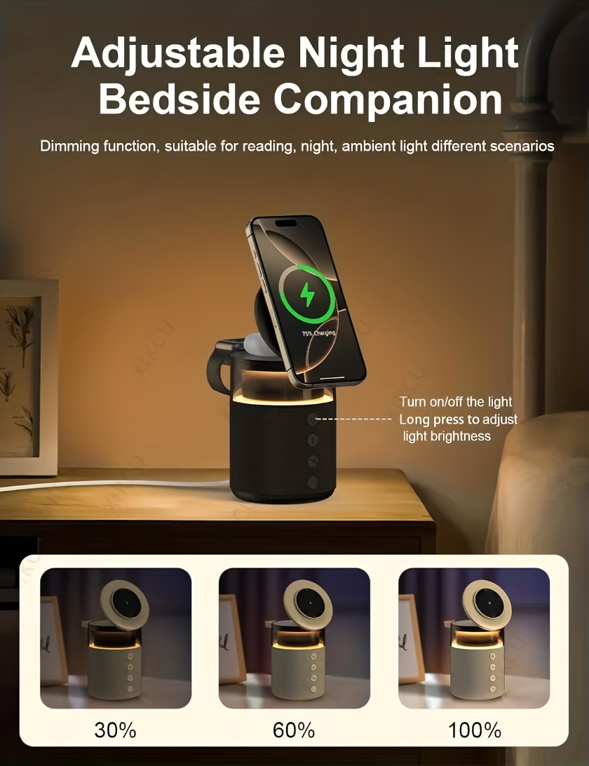 5-In-1 Magnetic Wireless Charging Station with Wireless Speaker & Night Light, Fast Charger for Iphone for Iwatch Series