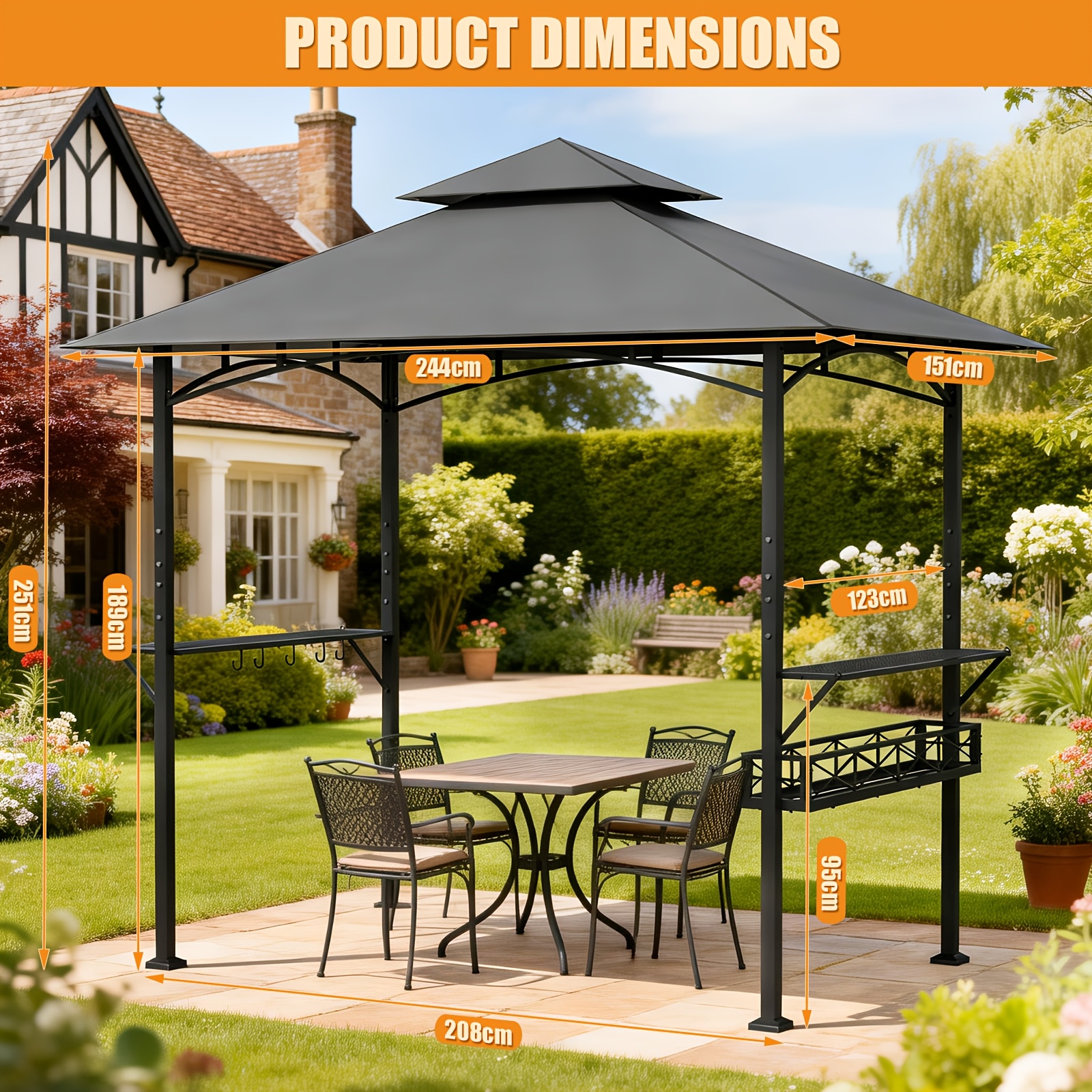 Grill Double Roof Bbq For Garden Parties - Uv-resistant And Ventilated With Shelves And Hooks, Stable For Outdoor Grilling And Garden Use