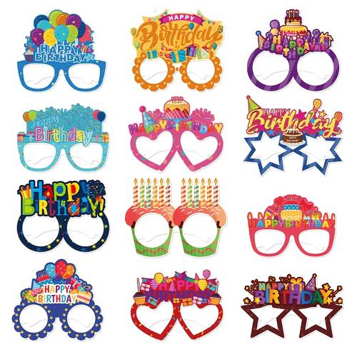 12pcs happy birthday theme paper glasses colorful happy birthday photo booth props birthday eyeglasses birthday party decorations supplies