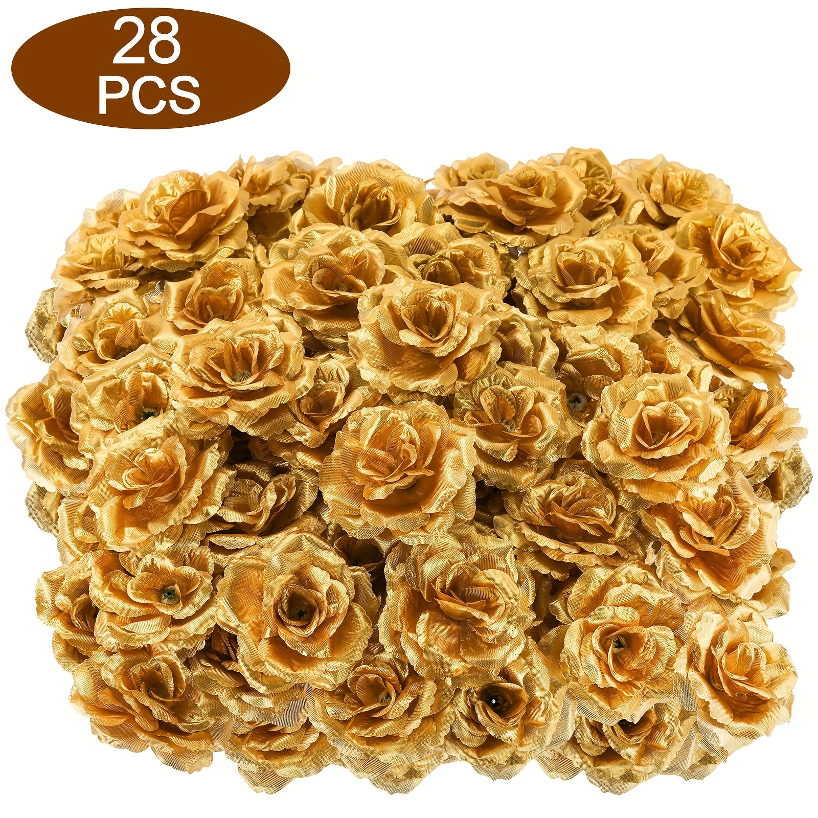 28pcs Realistic Artificial Flowers - 3.1 Inch Fake Heads Suitable For Wedding, Valentine's Day, Christmas, Mother's Day Decorations - Luxury Golden Centerpieces (no Vase Included)