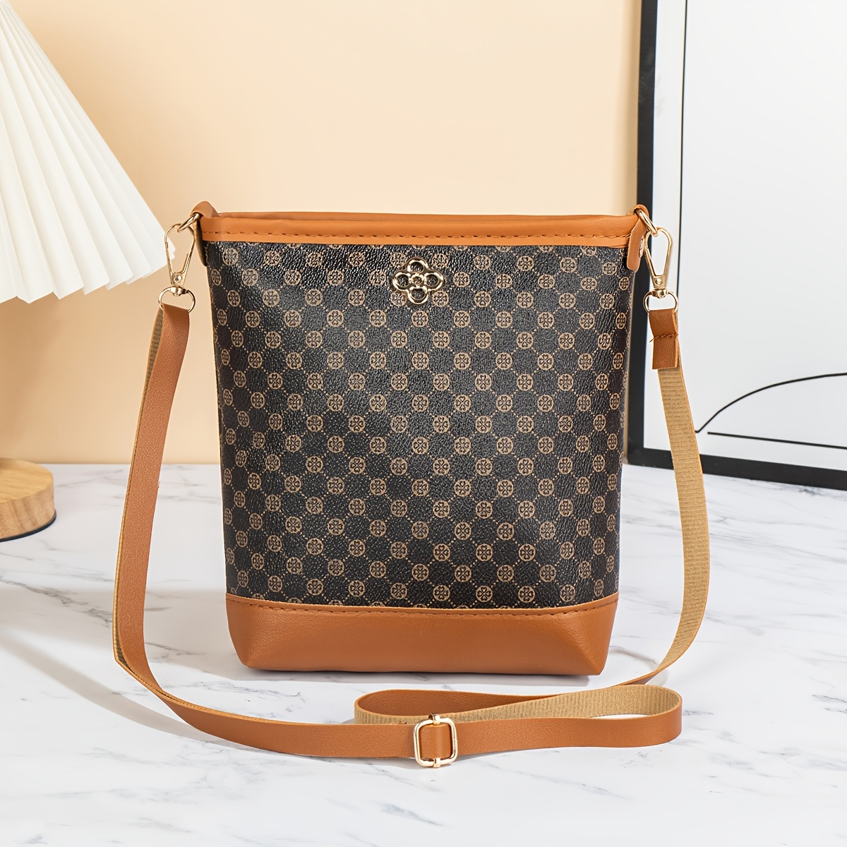TEMU Retro Geometric Print Bucket Bag, Fashionable All-match Polka Dot Fabric Women's Crossbody Bag, Suitable For Daily , Large Capacity, Adjustable
