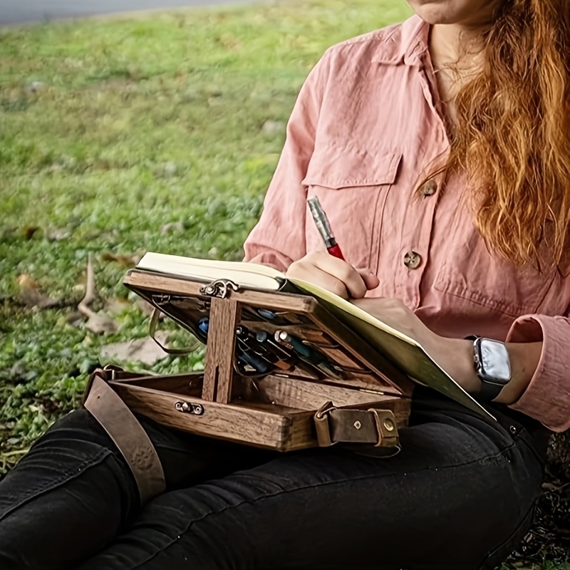 1pc writers messenger wooden box multifunctional handcrafted wooden crossbody bag portable artist toolkit brush storage box   easel for outdoor painting 6
