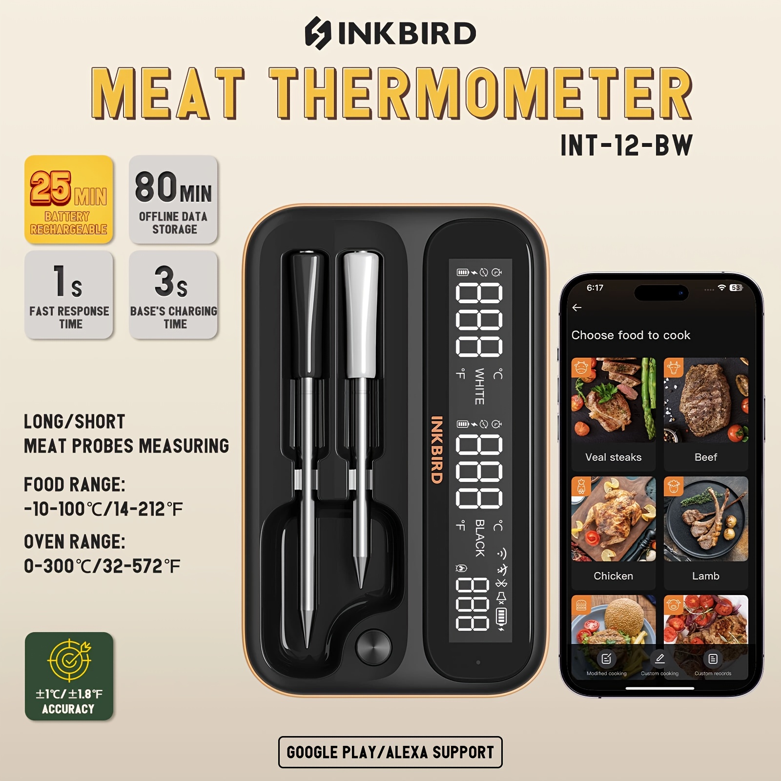 TEMU Wireless Cooking Meat Thermometer Int-12-bw, Barbecue Food Thermometer With Long/short Meat Probe, 80 Min Data Storage, Ultra-thin Probe, 25 Min