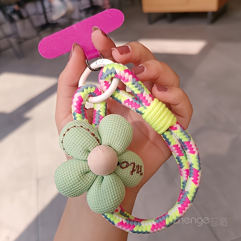 Image of Mobile Phone Lanyard Wrist Short Style, Women's Small Flower Braided Rope, Strong And Handheld Cord Prevents Loss