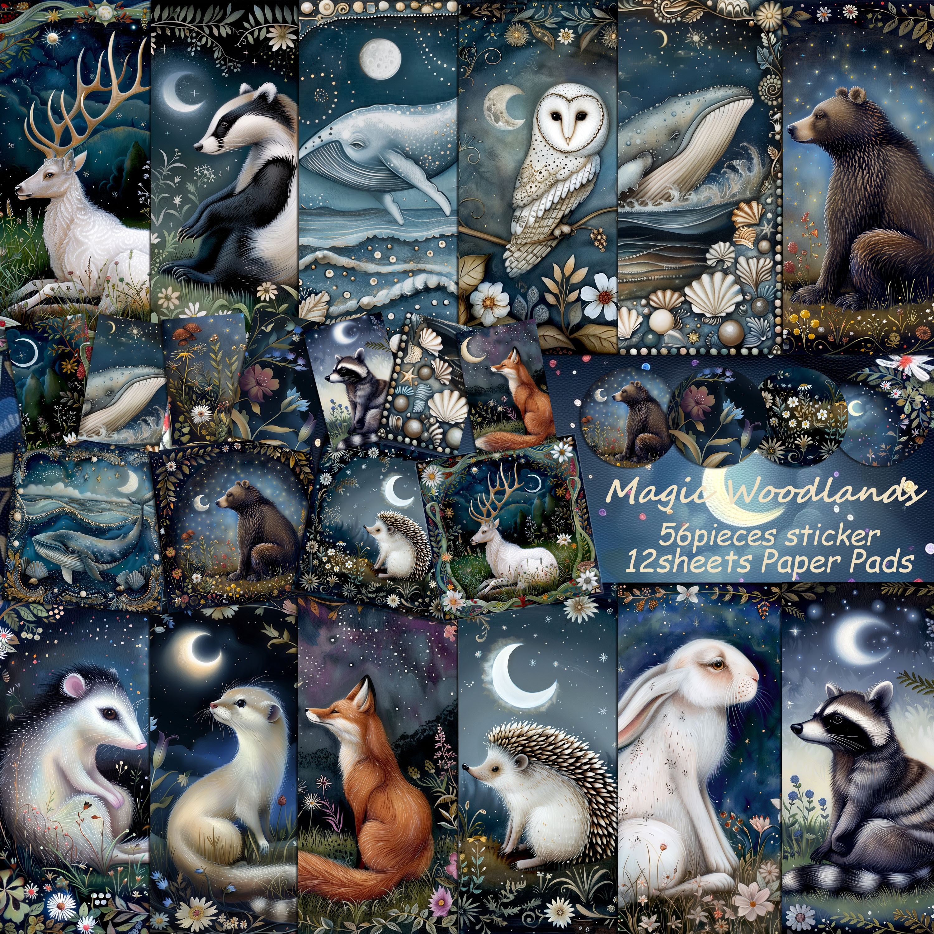 

68pieces(12papers+56stickers) Moonlight Animals Ephemera Set, Bullet Journals,arts Crafts,scrapbooking Supplies,junk Journal Kits,diy Crafts,background Pad,greeting Card