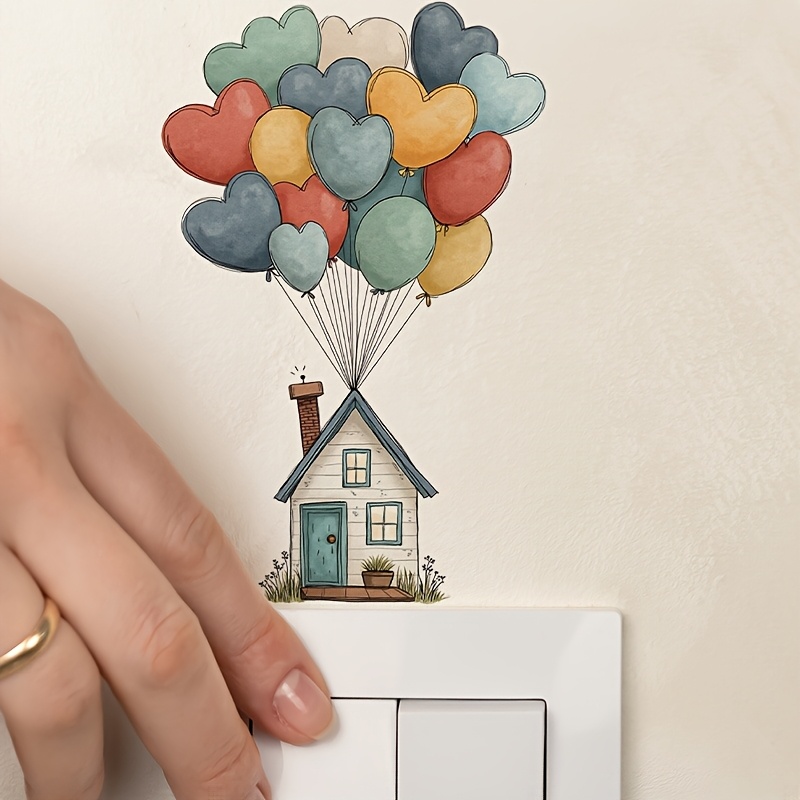 Image of 1pc Heart Balloon House Switch Sticker Decoration, Creative Outlet Beautifying Sticker, Home Decor, Suitable For Living Room, Bedroom, Bathroom, Removable Self-adhesive, Background Wall Sticker
