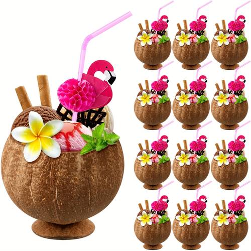 12pcs coconut cups with flamingo straws party decorations pink straws and coconut shaped cups luau hawaiian birthday beach pool party nights nights