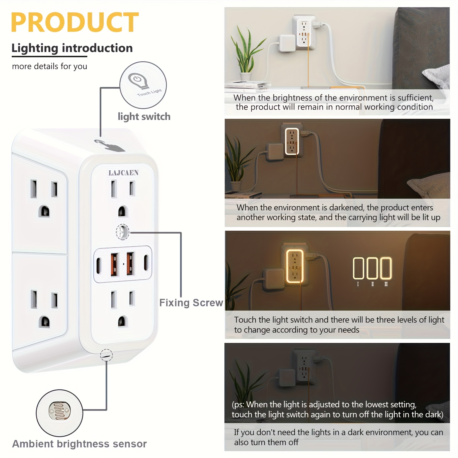 2026 NEW LAJCAEN Smart Multi Plug Outlet With Night Light 10-1 USB Wall Charger Surge Protector Night Light Touchable 3 Levels Of Light, Wall Charger Plug Outlet Extender & USB Ports (2A+2C), Wall Power For College Home Travel Office Dorm Essentials 5 2026 NEW LAJCAEN Smart Multi Plug Outlet With Night Light 10-1 USB Wall Charger Surge Protector Night Light Touchable 3 Levels Of Light, Wall Charger Plug Outlet Extender & USB Ports (2A+2C), Wall Power For College Home Travel Office Dorm Essentials - Image 5