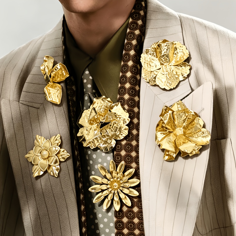 TEMU 6pcs Metal Three-dimensional Floral Relief Badge Set, Vintage Luxurious Metallic Finish, Suitable For Suit And Embellishment, Business Meetings,