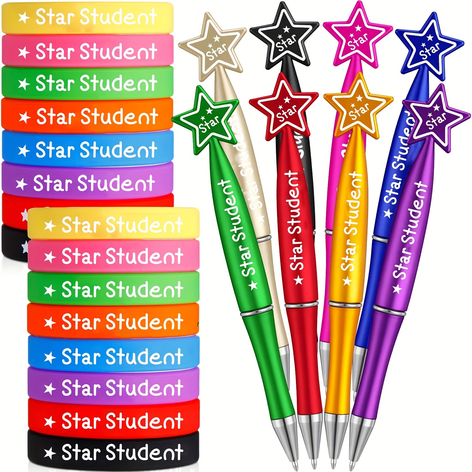 

48 Student Themed Ballpoint Pens And Wristbands Set - Medium Point, Retractable, Pentagonal Body Shape, Personalized Plastic Pens For School, Office, Birthday, And Graduation Gifts, Ages 14+