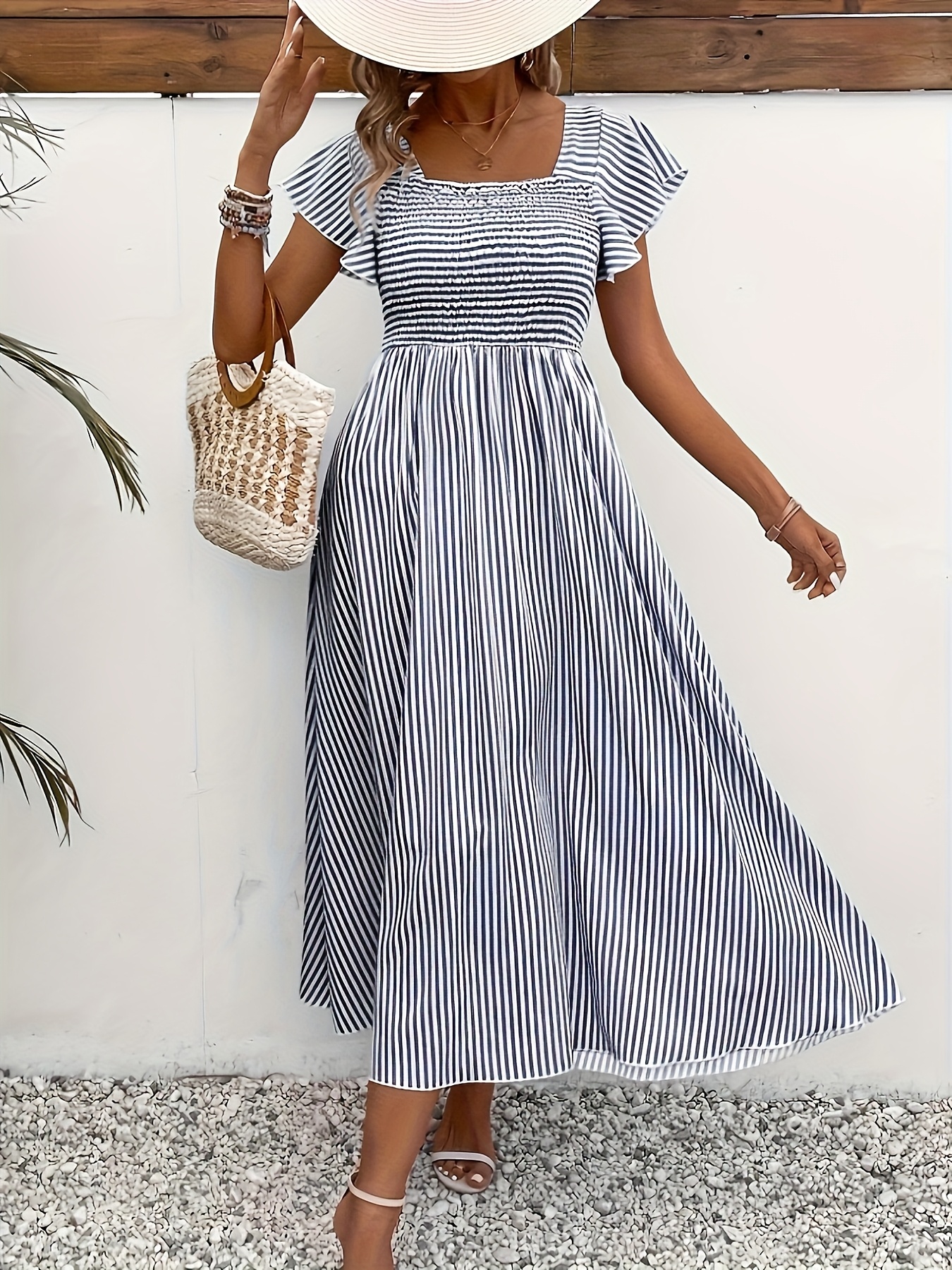 navy blue dress for baby girl Simplee Womens Summer Midi Dress Casual Boho Smocked Waist Flutter Sleeve A Line  Flowy Tiered Dress with Pockets Army Green at Amazon Women's Clothing store main image 0