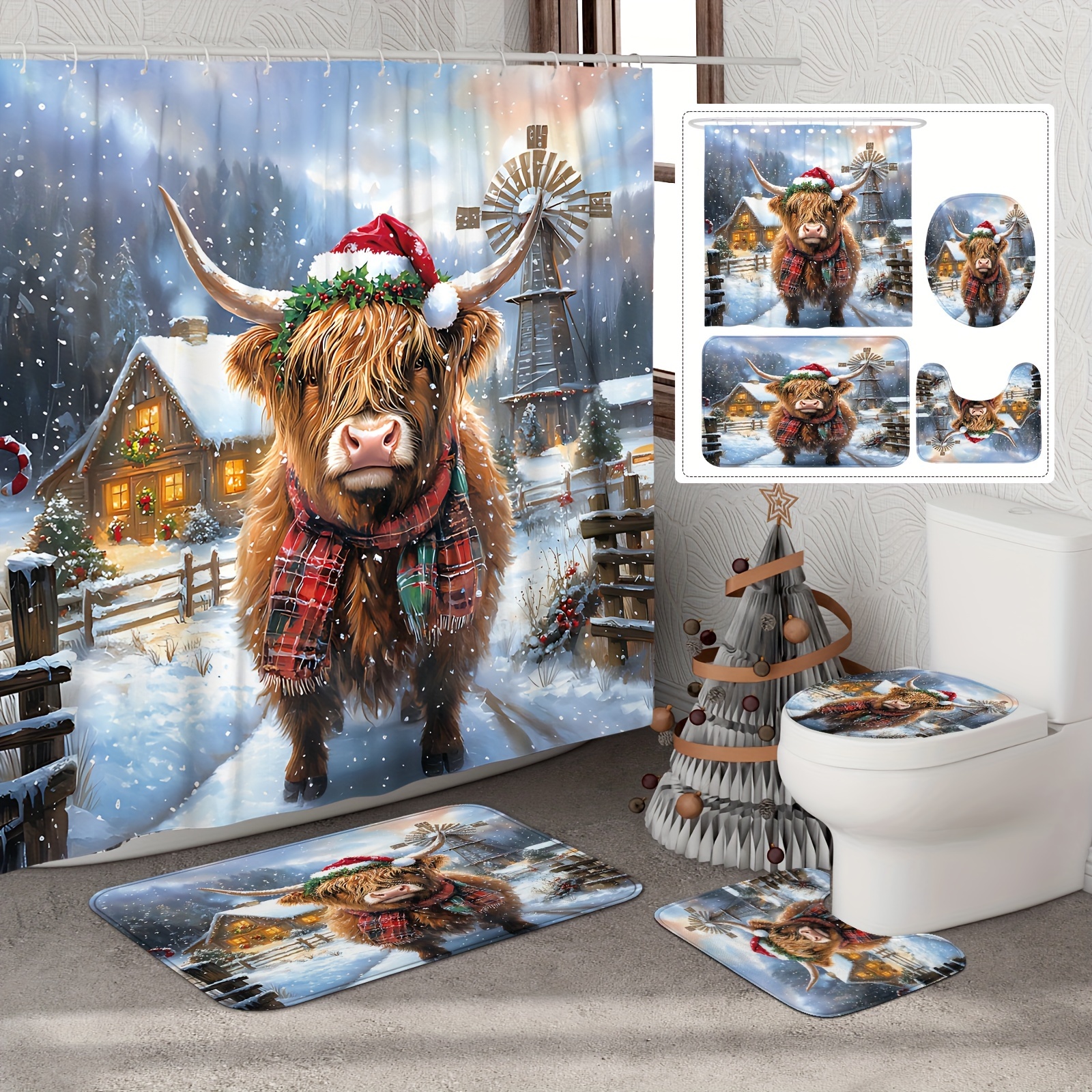 

1/4pcs Christmas Winter Highland Cow Pattern Shower Curtain Set, Waterproof Bath Curtain With Hooks, U-shaped Mat, Toilet Cover Mat, L-shaped Mat, A Bathroom Accessories, Christmas Decorations