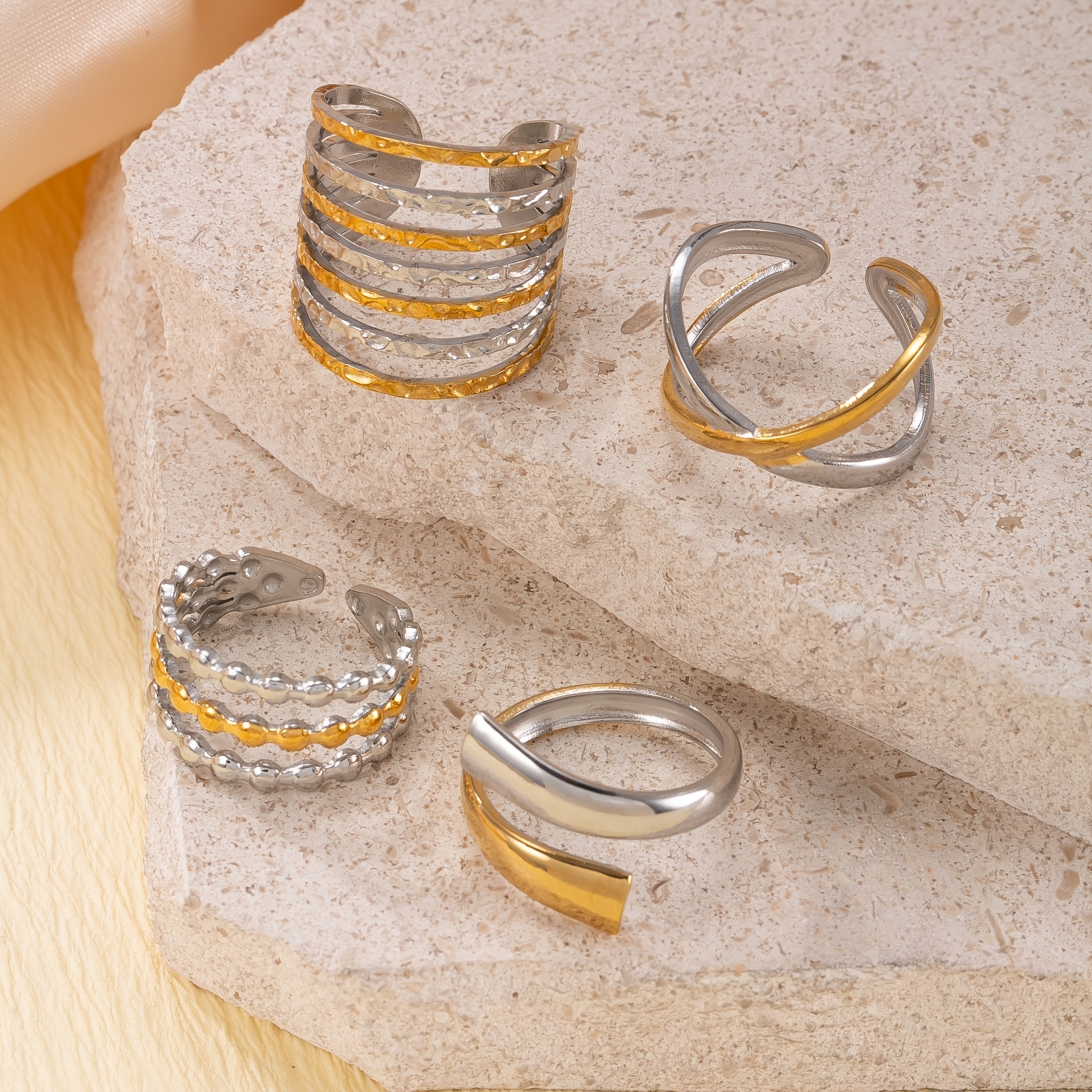 TEMU 4pcs Fashionable 304 Stainless Steel Ring Jewelry Set, Plated With 18k Golden, Featuring A