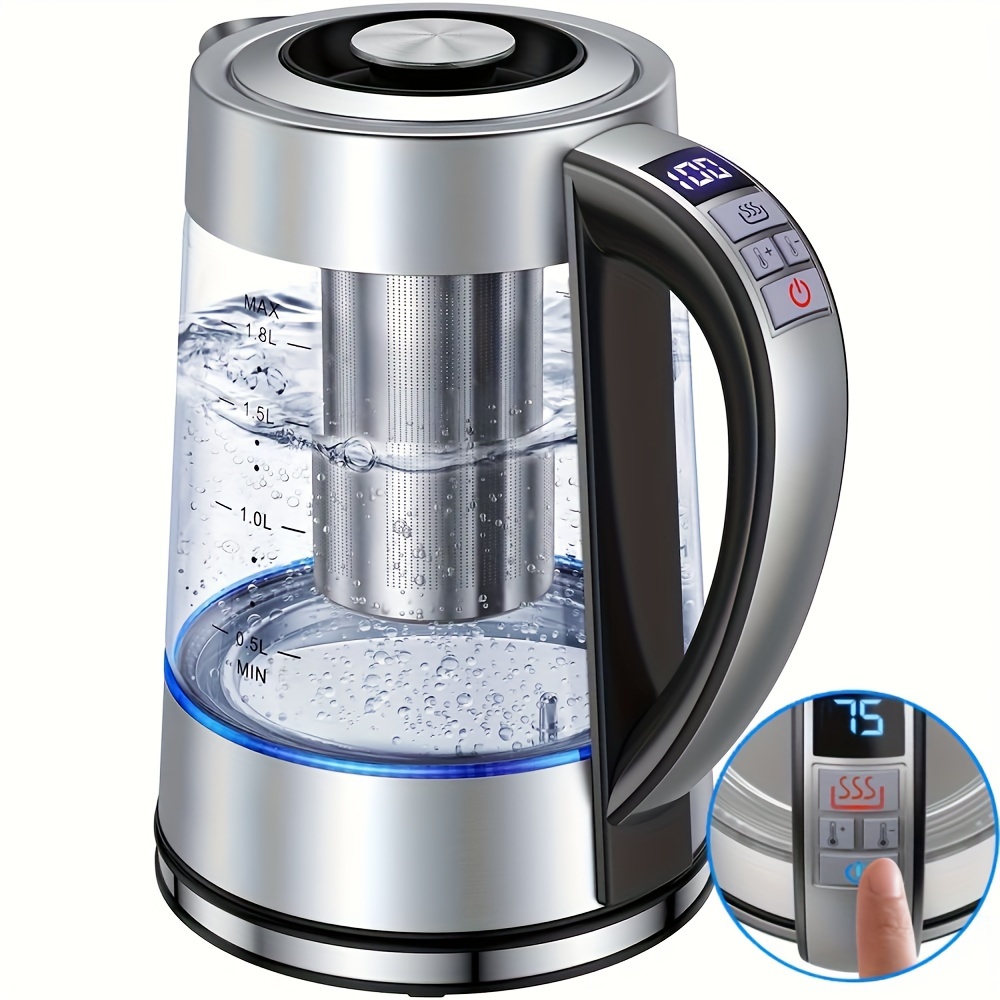 electric kettle 1 8l electric glass kettle 12 temperature controls up to 24 hours insulation tea kettle hot water pot stove stainless steel strainer and inner lid glass kettle for coffee tea and milk powder details 1