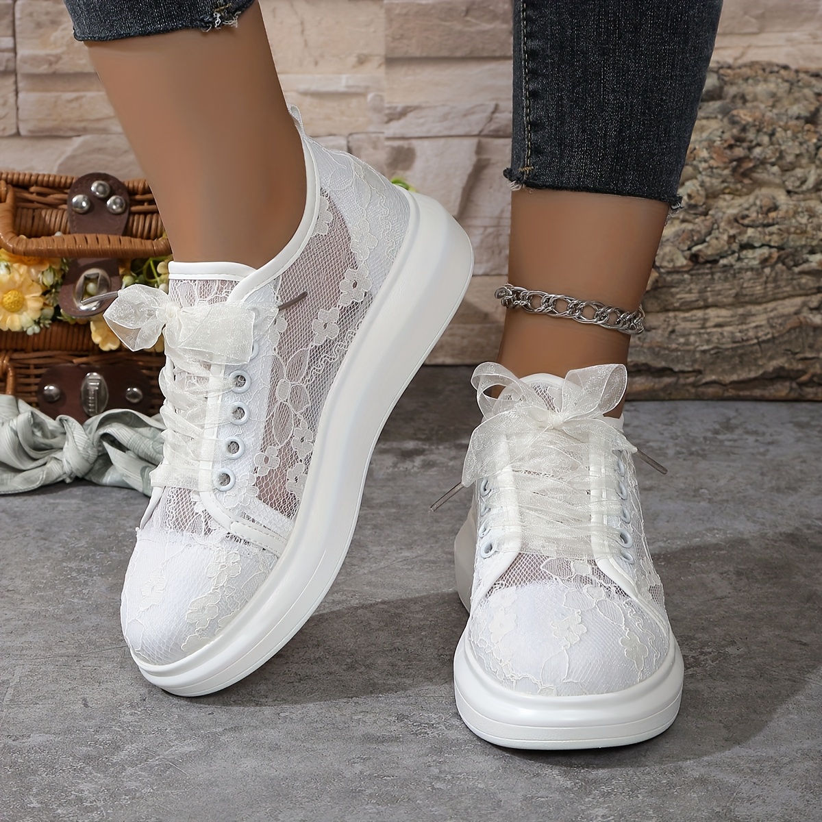 

Breathable Women' Sneakers With Floral Embroidery - Casual Lace-up Low Heel Shoes,