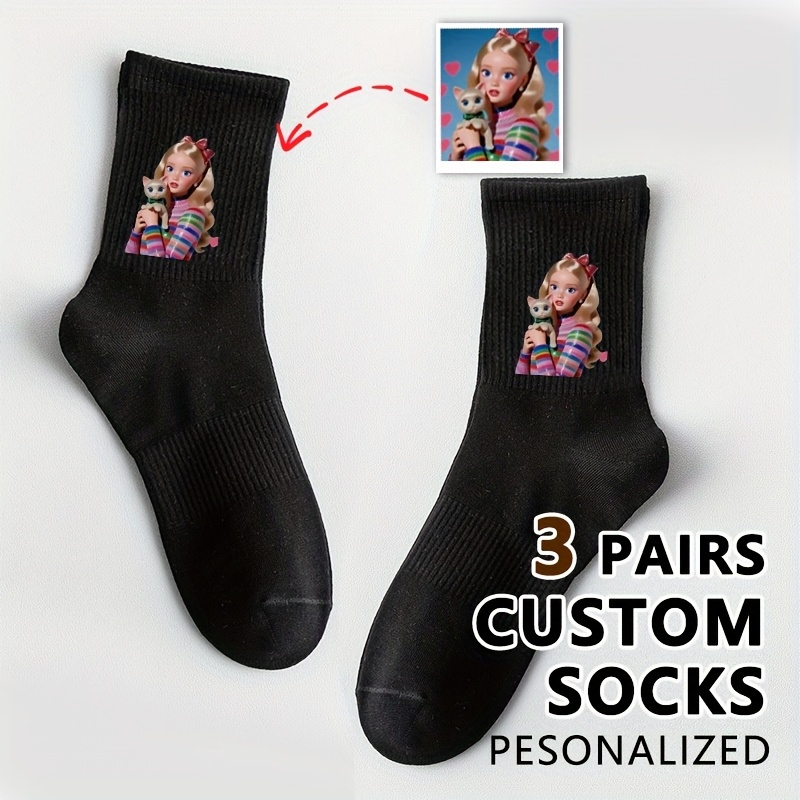 TEMU 3 Pairs Of Custom Couple Socks For Men And Women - Personalized Mid-length Socks Featuring Fun Photo Designs, Durable Knitted Socks, The Perfect