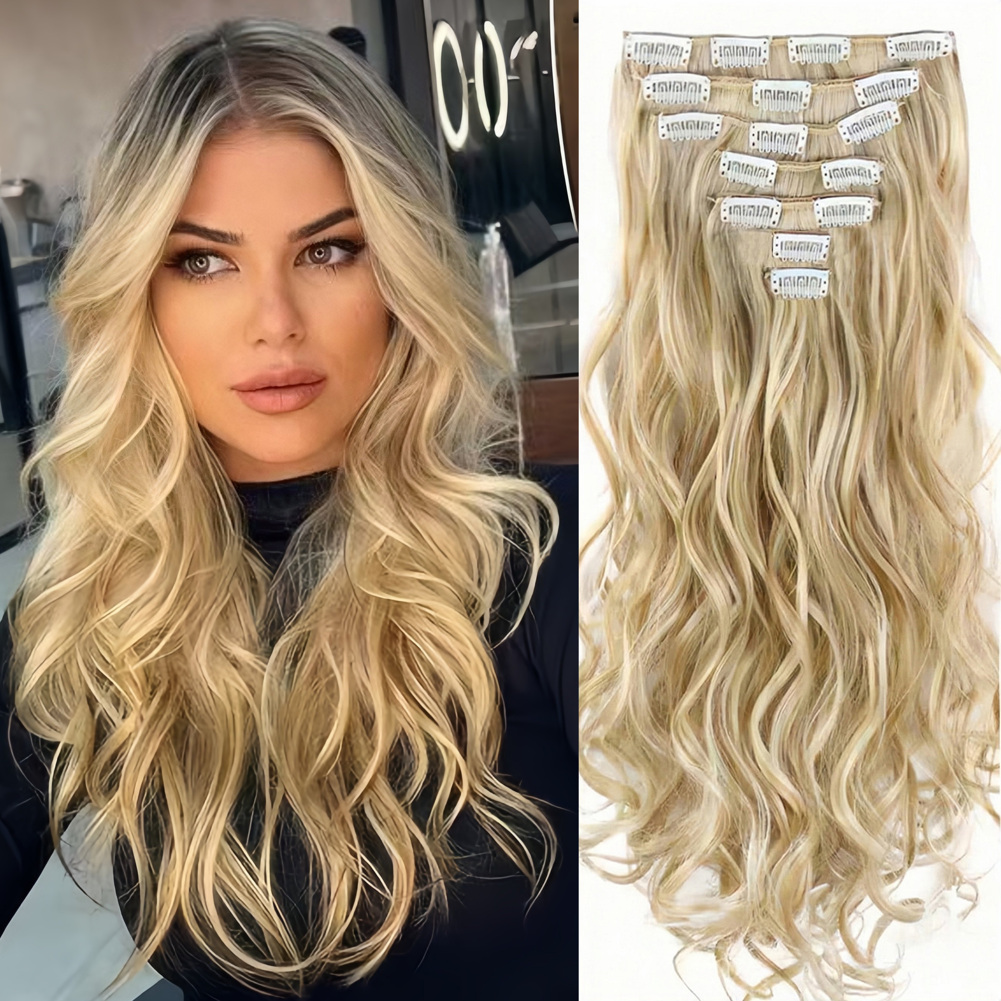 

20 Inch Long Wavy Blonde Clip-in Hair Extensions Set For Women - 7 Pieces Thick Soft Synthetic Hair Clips For Girls Daily And Party Use