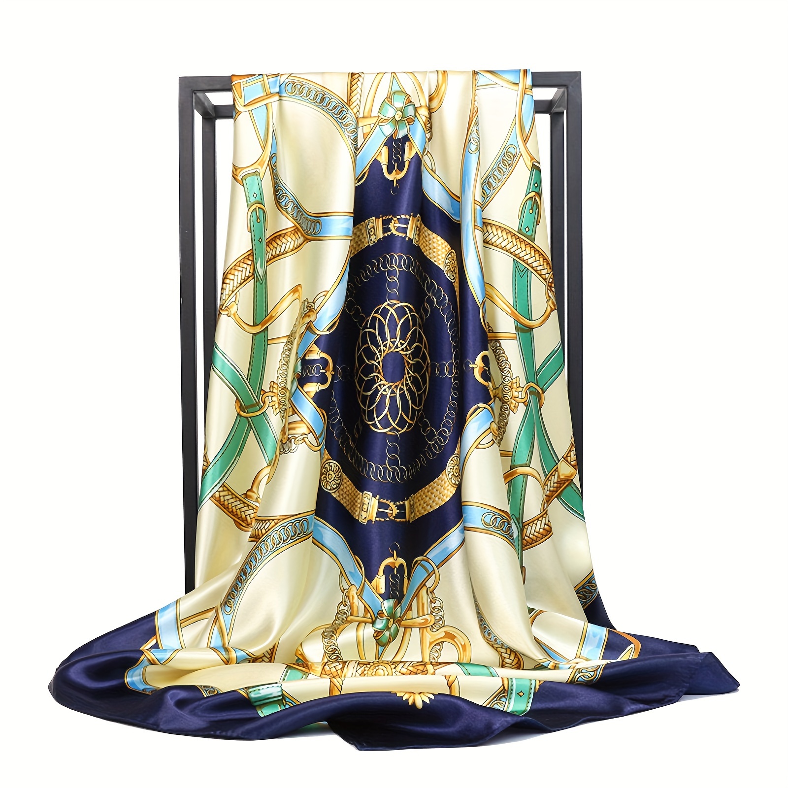 

35.43in Baroque Belt Print Square Scarf, Simulated Silk Satin Shawl, Casual Sunscreen Head Wrap Bandana