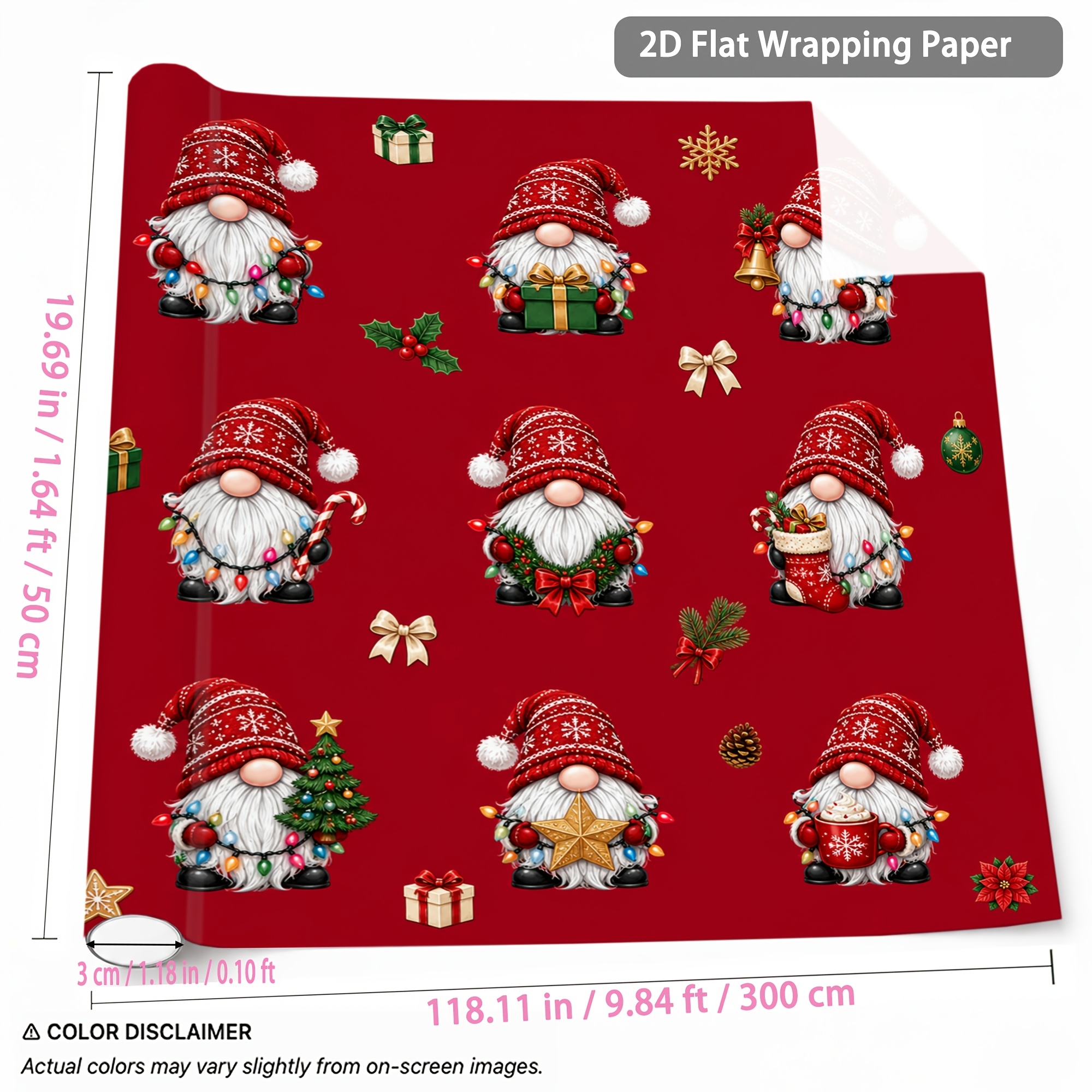TEMU 1 Rouleau de de Noël 1.64Ft X 9.84Ft Motif Gnome Rouge pour Emballage Cadeaux, Fête d'Année, Anniversaire, Emballage de Cadeaux