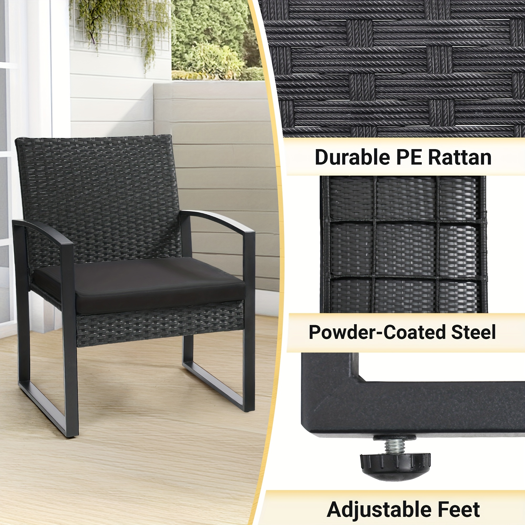 3pcs Rattan Bistro Set Outdoor Patio Furniture Conversation Set Featuring 2 Chairs And 1 Safety Glass Top Table, with Plush Cushions, on, Perfect for Your Backyard 12 3pcs Rattan Bistro Set, Outdoor Patio Furniture Conversation Set Featuring 2 Chairs And 1 Safety Glass Top Table, with Plush Cushions, on, Perfect for Your Backyard