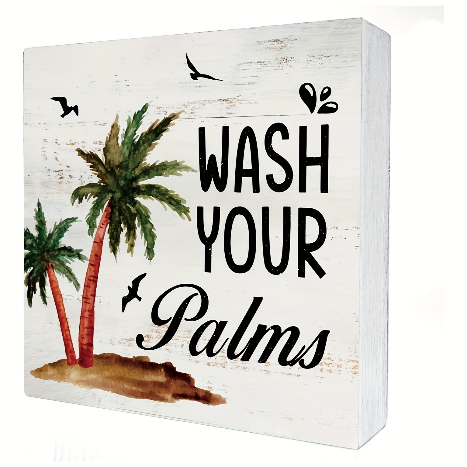 

Tropical Beach Themed Wash Your Palms Sign, 1-pack Pvc Decorative Block For Bathroom, Home Decor Palm Tree Plaque For Wall Or Desk Display, Indoor Decor Without Electricity For Various Room Types