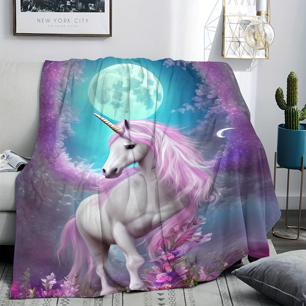 

Soft & Cozy Unicorn Print Flannel Throw Blanket - For Couch, Office, Bed, Camping | Machine Washable