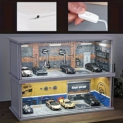 1 64 scale stereo parking garage lighted car garage model display display background scene collectible model toys gifts christmas gift scene 6 spaces