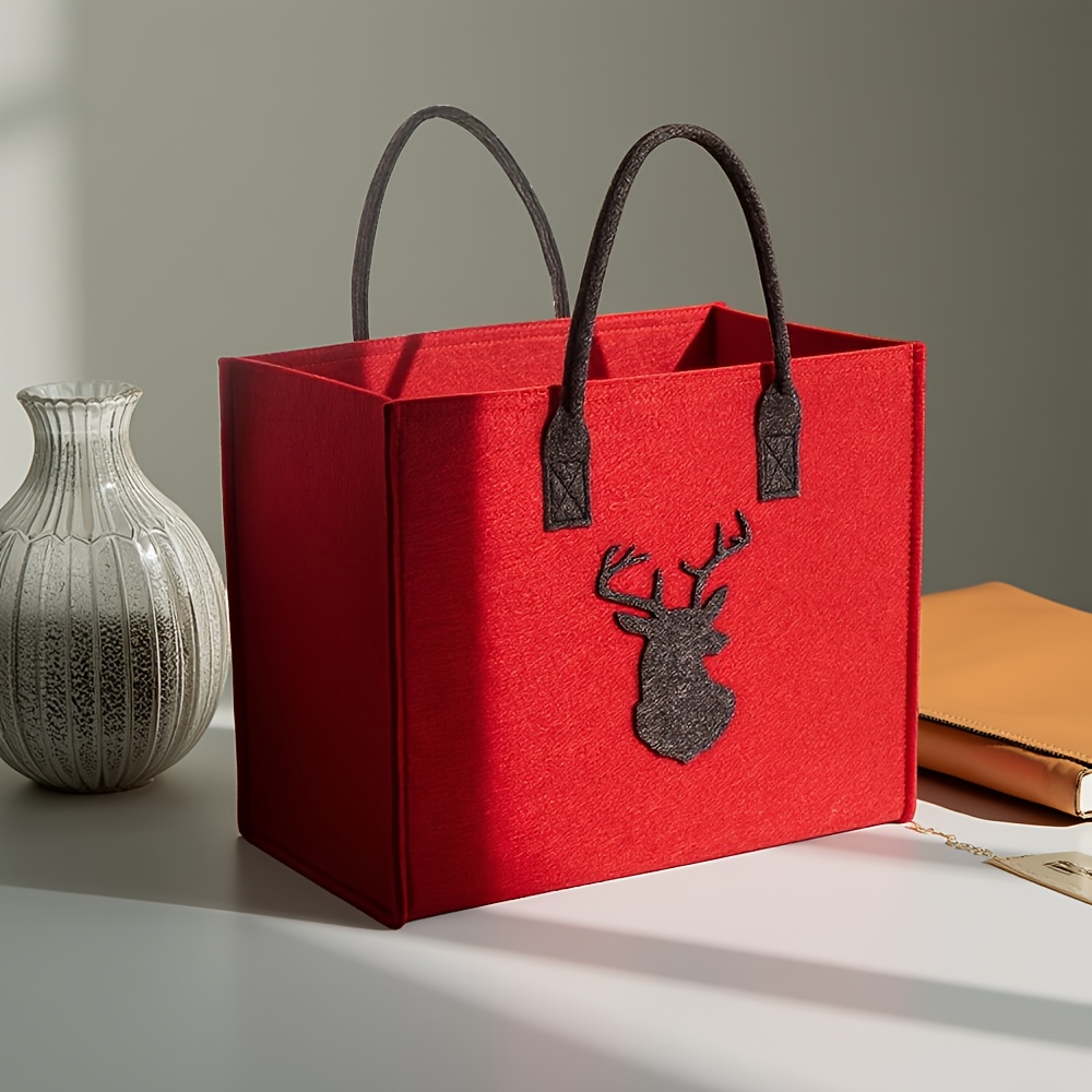 TEMU Vintage Deer Applique Red Felt Bag With Hanging Strap - Square Suitable For /christmas/easter Gift Tote, Carry Bag For New Year Favors,