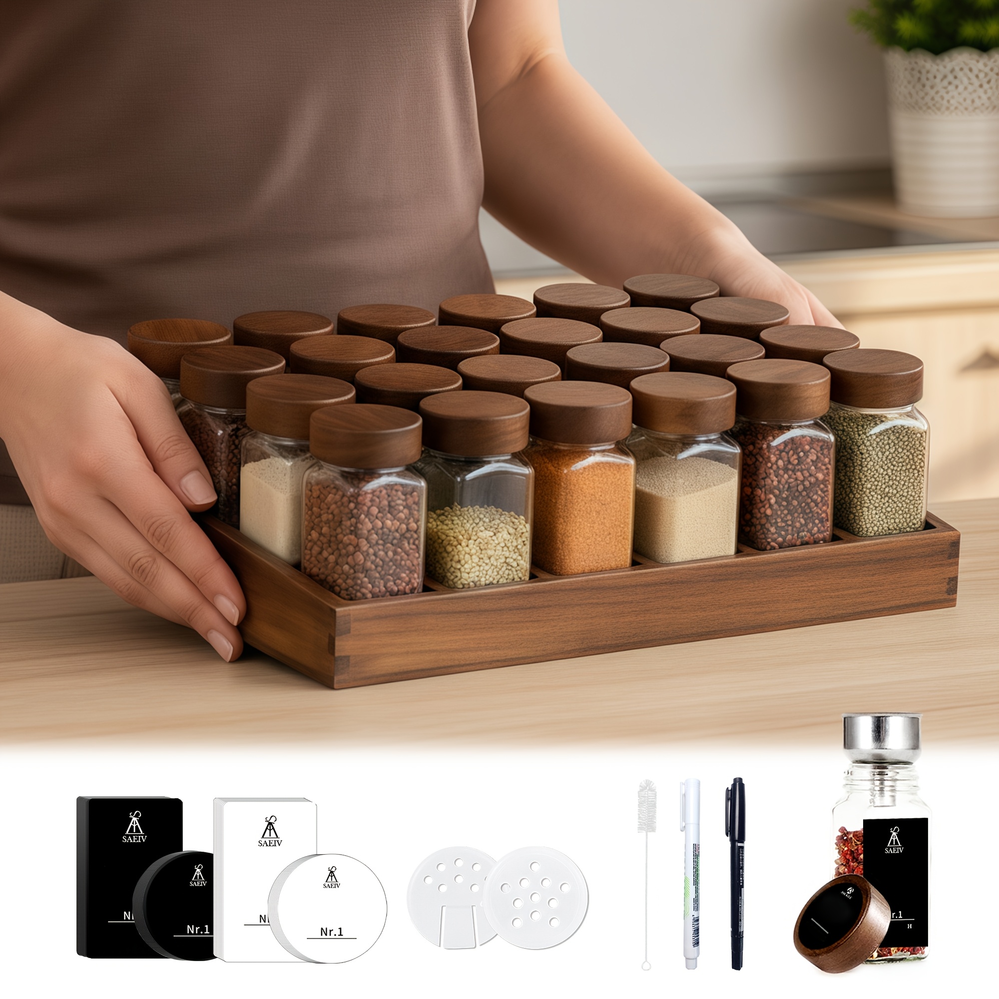 E-shop SAEIV 12/24 Gewürzgläser Set, mit Acacia Holz Deckeln, quadratischen Gewürzbehältern, einem Acacia Holz Tablett und einer Gewürz Organizer und