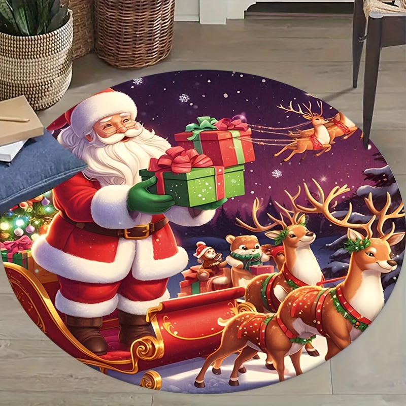 

Merry Christmas Round Area Rug, Non-slip Polyester Floor Mat For Living Room, Bedroom, Indoor Decor, Santa And Reindeer Holiday Design, Hand Washable - 1pc