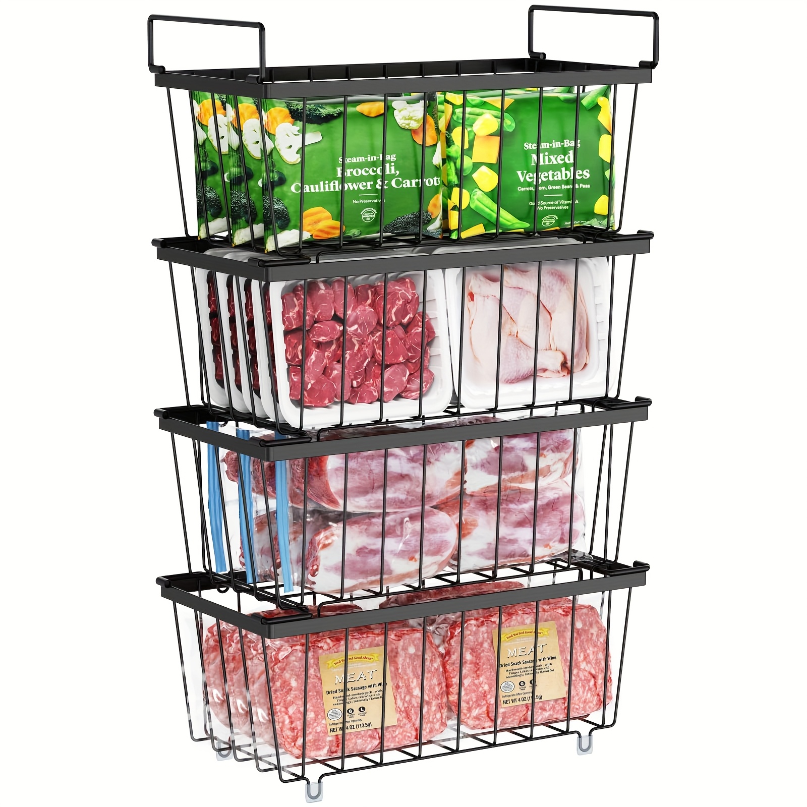 4pcs   carbon steel stacking storage bins for refrigerator deep freezer organizer with open lid   to bottom items vertical refrigerator storage to reduce goods waste   cubic   freezer compatible goods storage solution stackable bins durable carbon steel refrigerator storage organizer refrigerator shelves shelf baskets non food contact