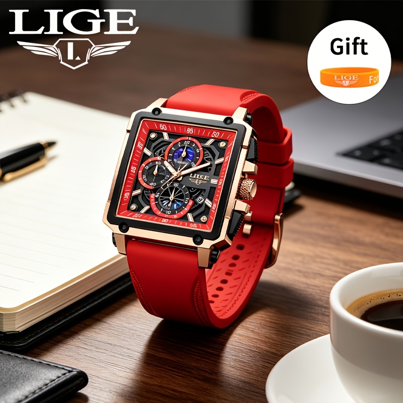Image of Lige Men's Quartz Watch Set (with Bracelet). It Features A Lightweight Hollow Dial Design, Integrating Moon Phase, Calendar And Multi-functional Chronograph. An Ideal Gift For Men And Women
