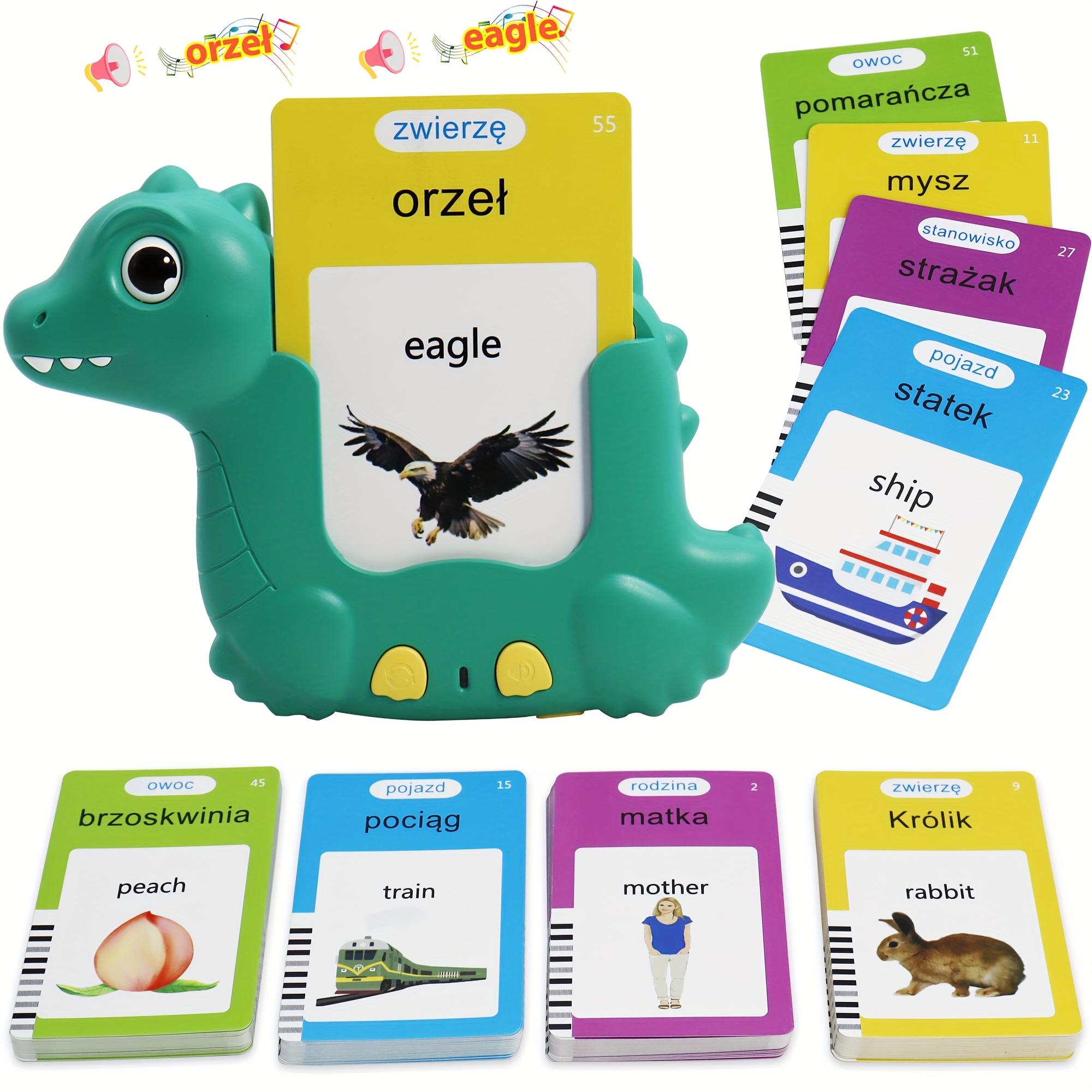 Image of 224 Words Polish & English Bilingual Talking Flash Cards, Dinosaur Sensory Speech Audible Toys For Kids To Learn Polish, Pocket Vocabulary Educational Game Christmas Thanksgiving Birthday Gift