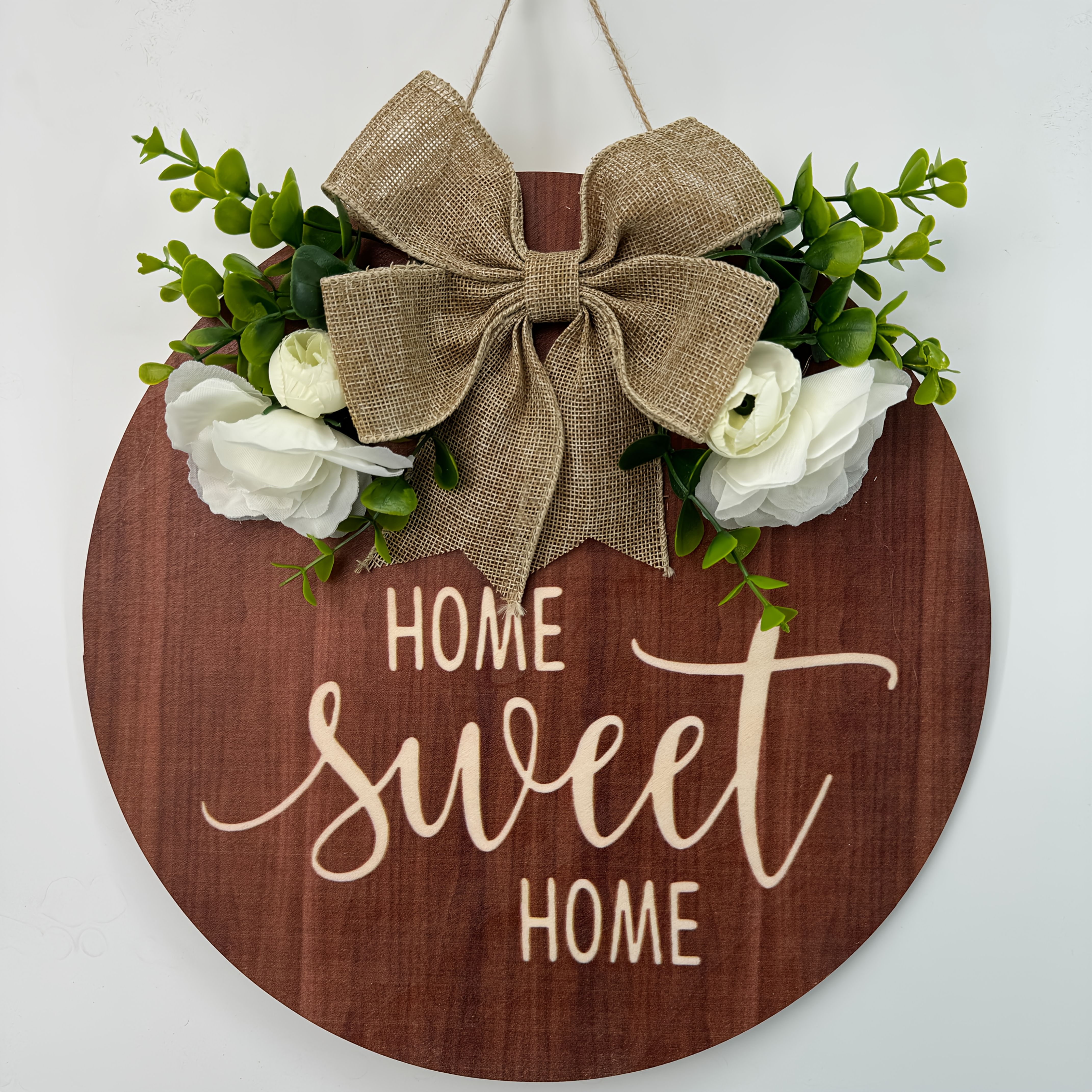 Image of Nc Maysunset For Home Sweet For Home Wreaths Decor Sign Front Door, Round Wood Hanging Sign With Ribbon Bow And Artificial Green Leaves, Farmhouse Porch Decorations For Home Thanksgiving
