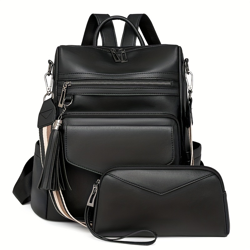 Mochila de hombro para mujer, estilo retro europeo y americano, gran capacidad, doble color con borlas, invierno 2024 - Imagen 3